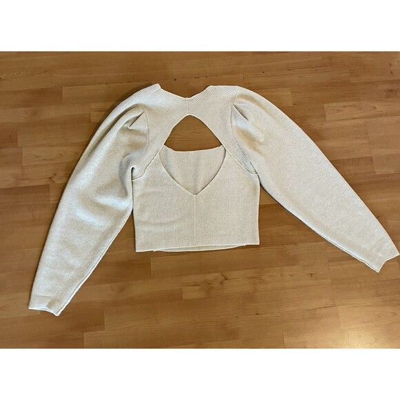 Free People "Saffron" Sweater Size  Small Ivory Puff Sleeve‎ Open Cut Out Back - Picture 7 of 10